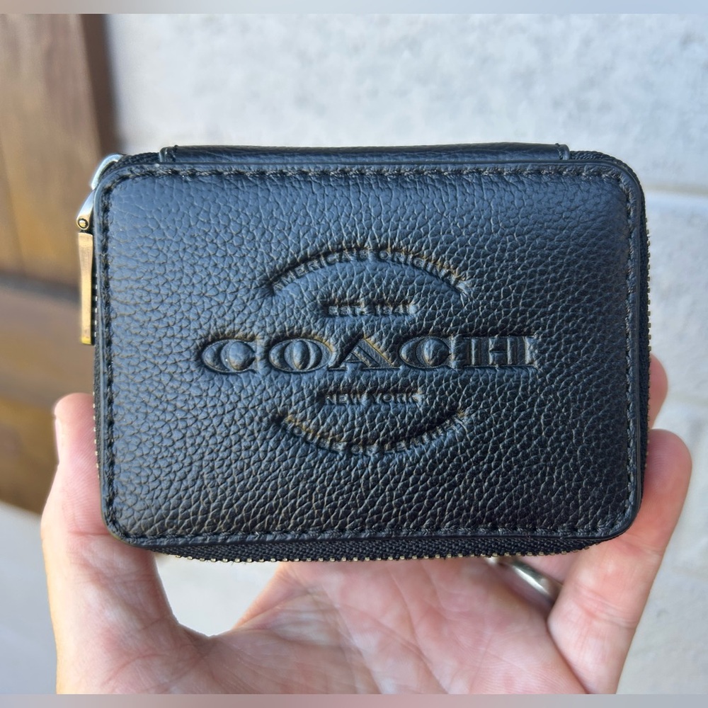 Coach Black Pebbled Leather Logo Zip Card Case